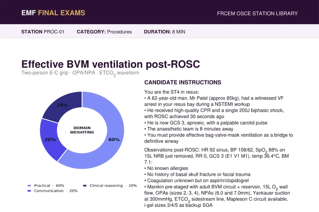 FRCEM OSCE station with domain-weighting pie chart