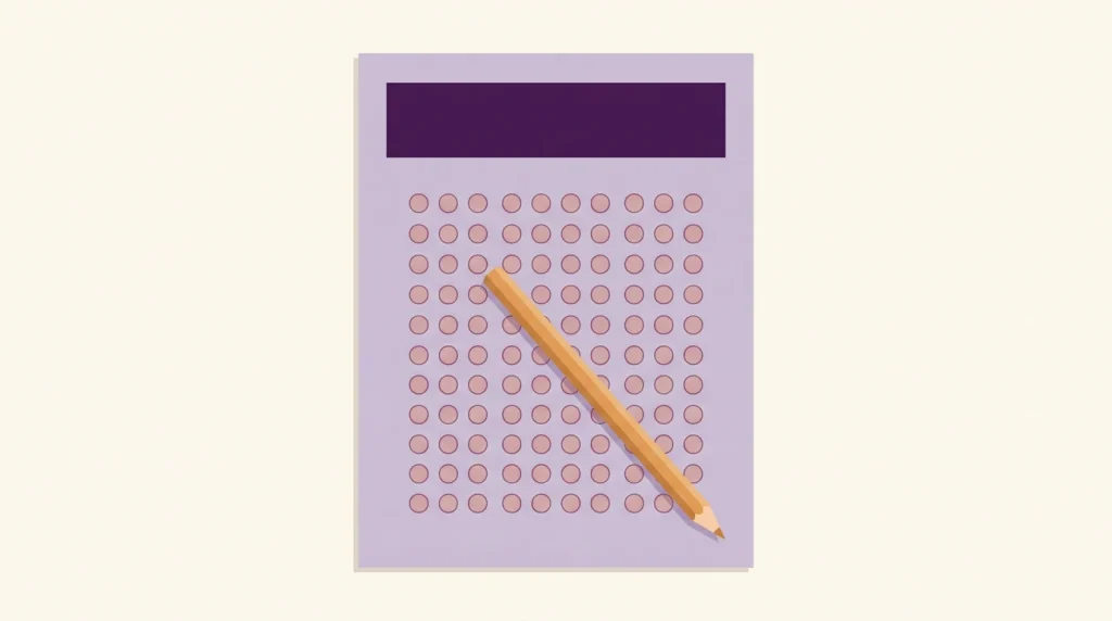 Flat-lay FRCEM SBA exam paper with grid of answer bubbles and a pencil