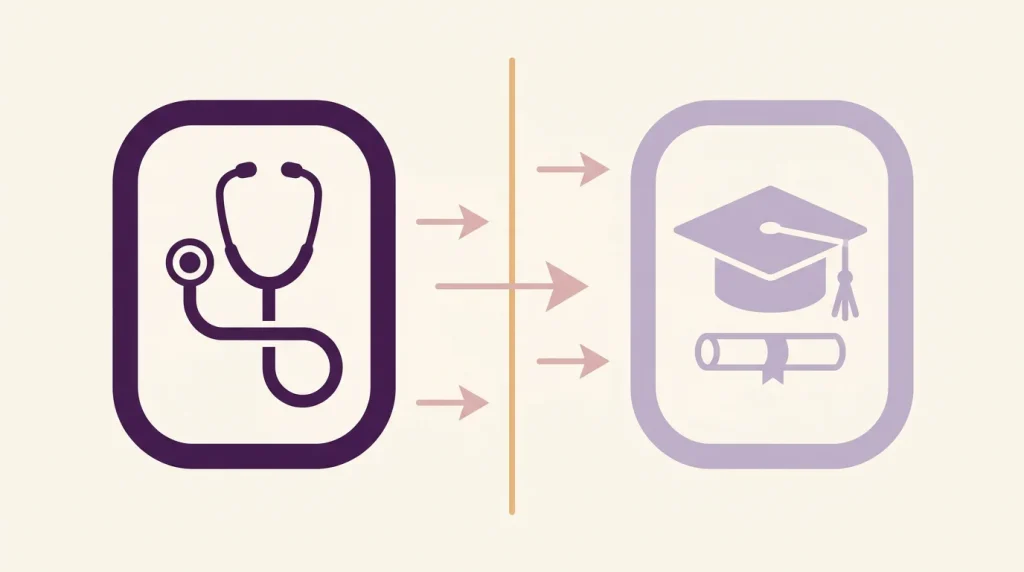 Split badge composition comparing the MRCEM stethoscope motif to the FRCEM graduation cap motif