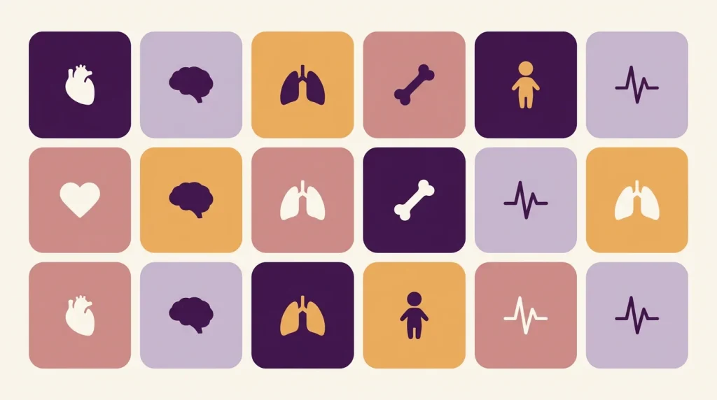 Six by three grid of clinical subject tiles representing RCEM curriculum SLO topic mapping