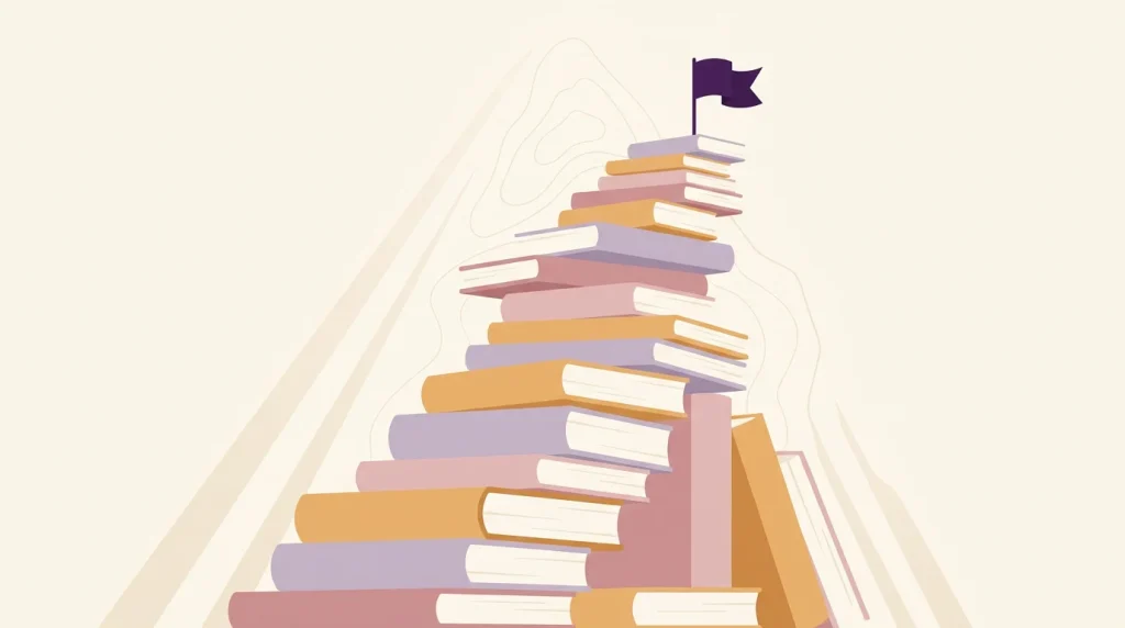 Steep mountain of stacked textbooks with a flag at the summit symbolising MRCEM Primary difficulty