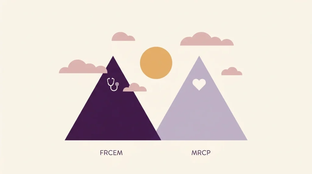 Two side by side mountains comparing FRCEM and MRCP exam difficulty