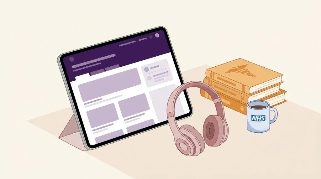 Tablet showing an FRCEM SBA course interface with headphones and medical textbooks, illustrating a Bromley FRCEM SBA course review