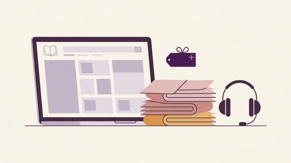 Laptop with open-access library, free PDFs and podcast icon symbolising free MRCEM revision resources