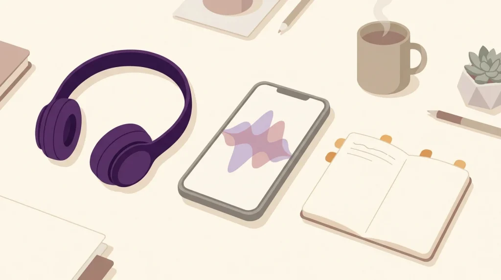 Over-ear headphones beside a smartphone showing a podcast waveform with a study notebook