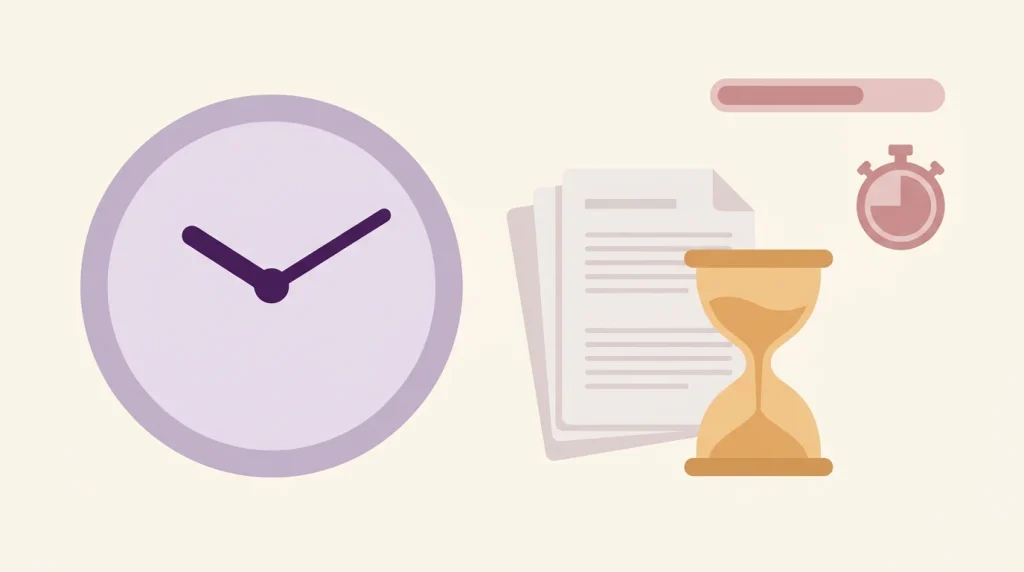 Wall clock and hourglass beside a stack of exam papers, illustrating MRCEM SBA pacing strategy