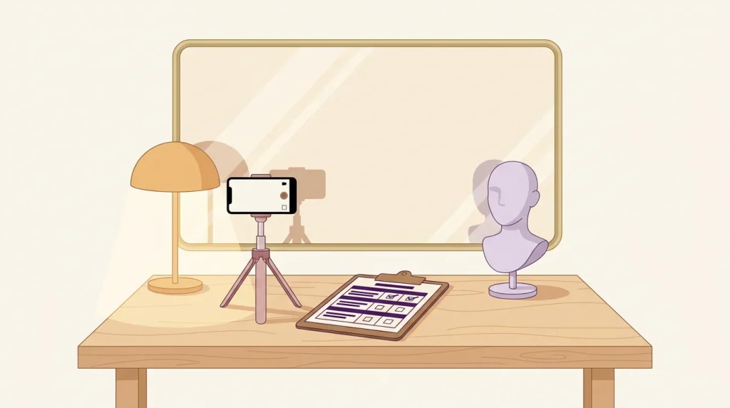 Solo OSCE practice desk with mirror, clipboard, mannequin and smartphone on a tripod