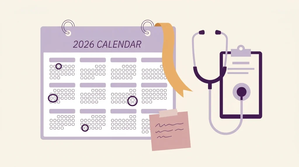 2026 wall calendar with circled dates plus stethoscope and clipboard for MRCEM OSCE dates