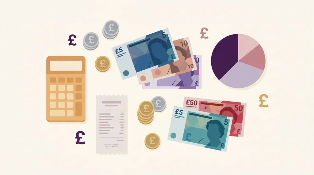 UK pound coins and notes with a pie-chart fee breakdown and calculator illustrating MRCEM exam fees 2026