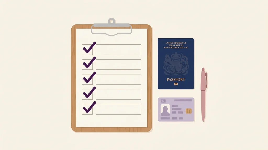 Eligibility checklist on a clipboard beside a UK passport and ID card representing MRCEM EM experience requirements