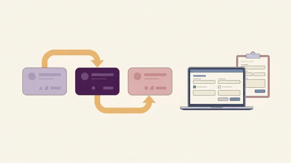 Workflow diagram with three rounded steps connected by arrows beside a laptop showing a form, illustrating MRCEM Primary application steps