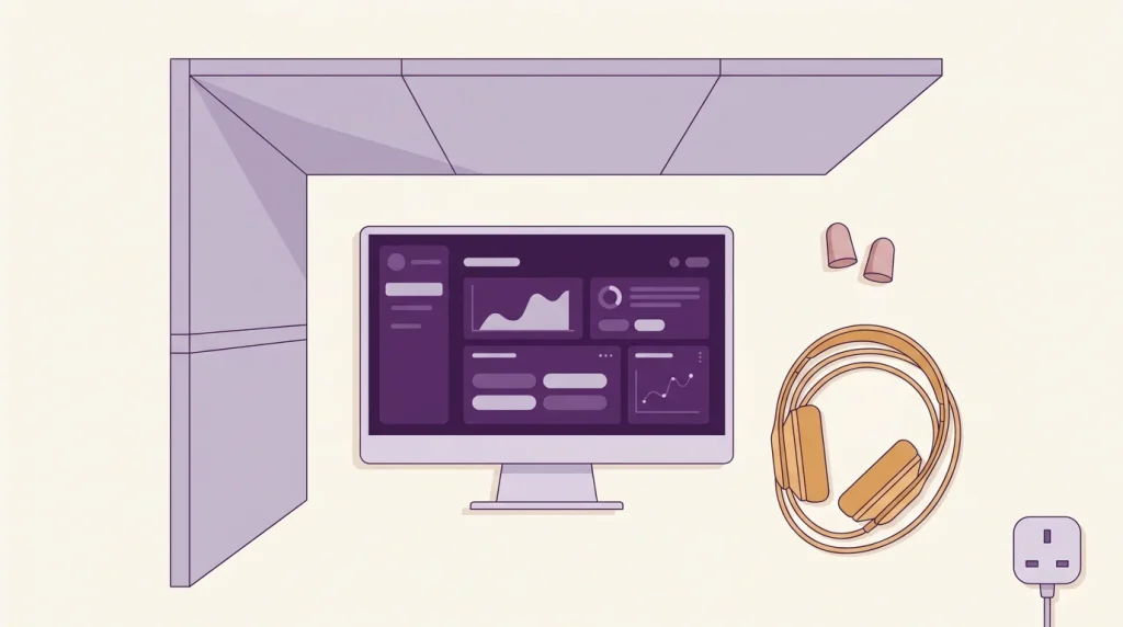 Partitioned Pearson VUE style exam booth with monitor, earplugs and over-ear headphones for test-centre noise