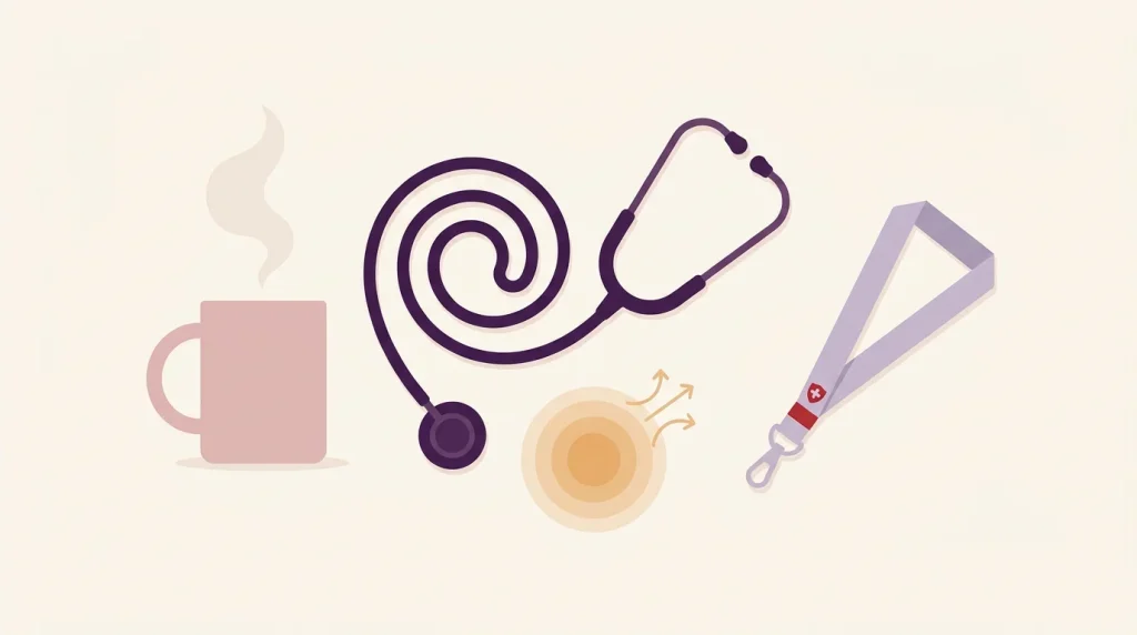 Calming tea mug stethoscope and breathing diagram for coping with MRCEM OSCE nerves
