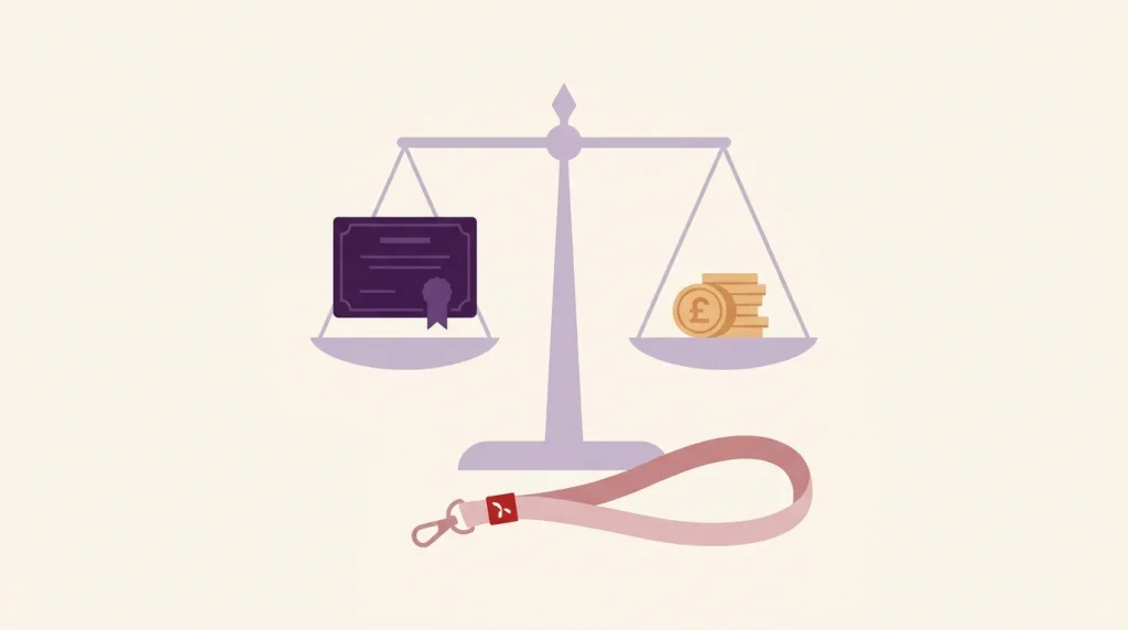 Balanced scale weighing MRCEM certificate and UK pound coins for locum registrar rate