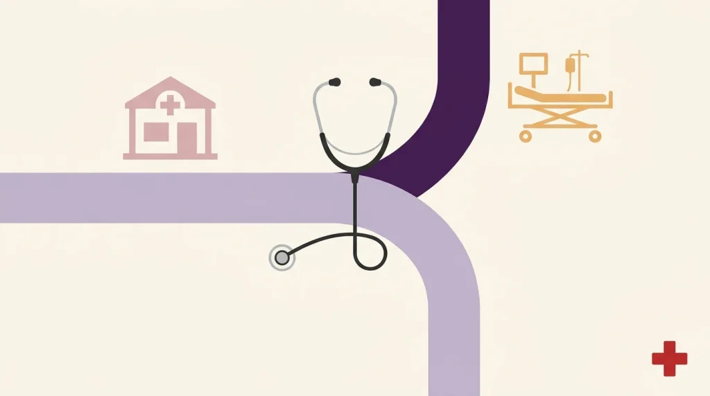 Career fork between GP clinic and ED department symbolising MRCEM decision for GPs