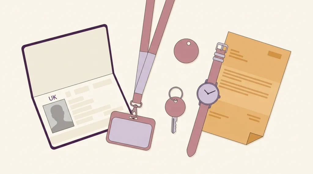 Exam day ID check-in flat-lay passport lanyard